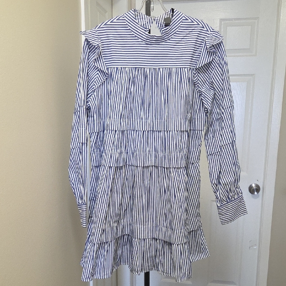 Icone Par Simons Blue & White Pinstripe Tiered Ruffle Mini Dress Long Sleeve - Picture 2 of 8